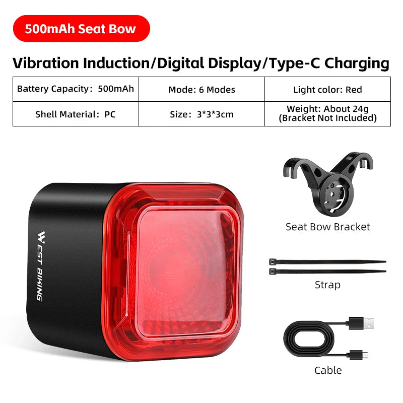 WEST BIKING 1100mAh Rear Light Start/Stop Brake Sensor Battery Display
